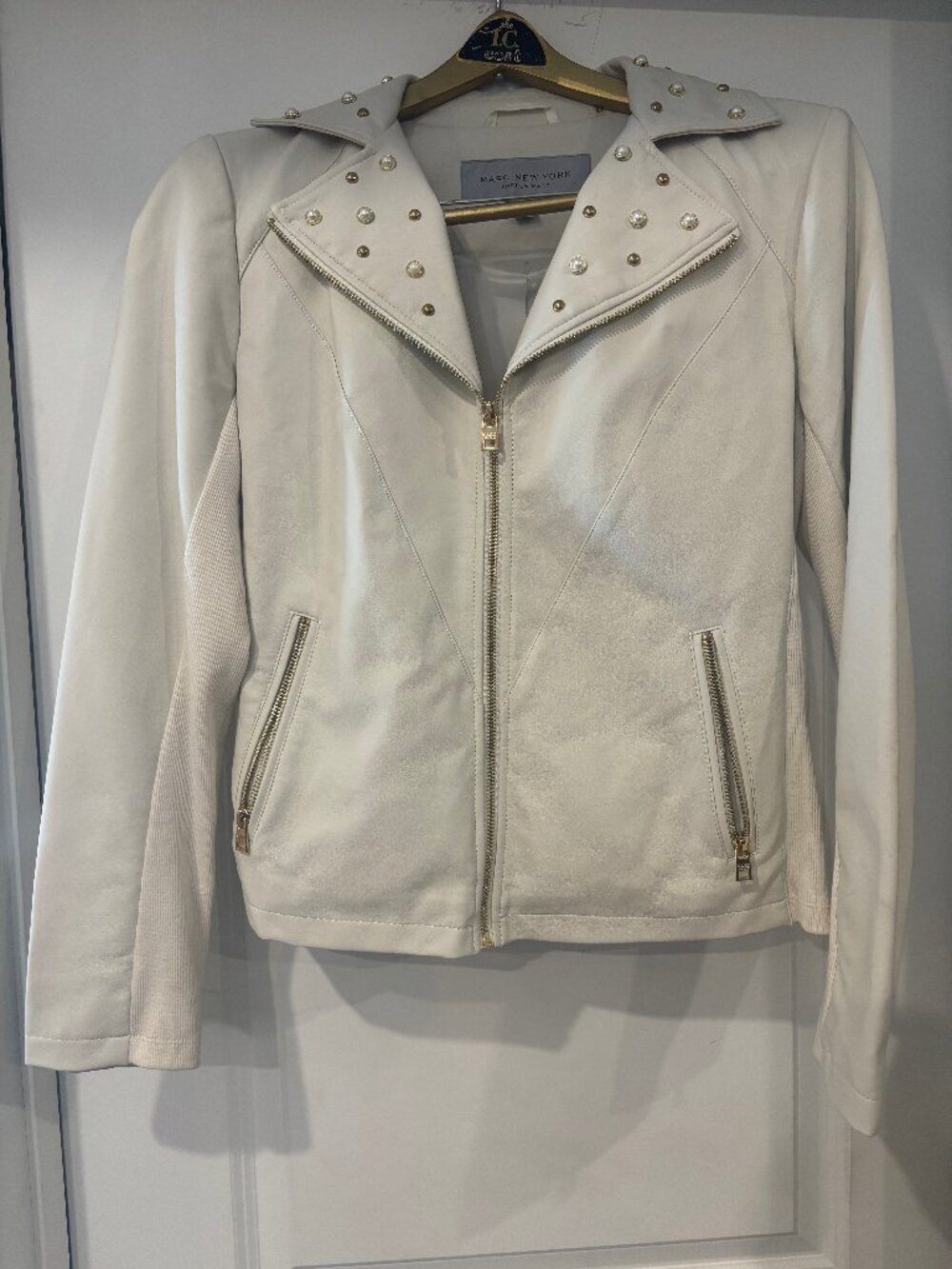Marc New York Pearl Studded Off White Faux Leather Moto Jacket Sz Medium